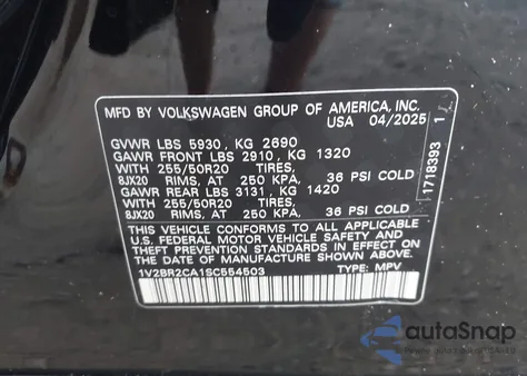 2025 Volkswagen Atlas 2.0T Sel from USA, damaged, VIN 1V2BR2CA1SC554503